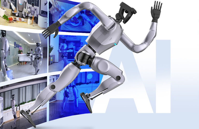 Robot humanoide Dobot Atom realizando movimiento dinámico, rodeado de ejemplos de aplicaciones en entornos industriales, educativos y domésticos.